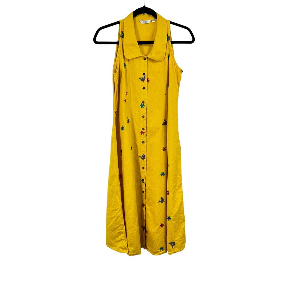 Max Sleeveless Button Front Dress M Yellow‎ Floral Butterfly Cotton Flax Blend